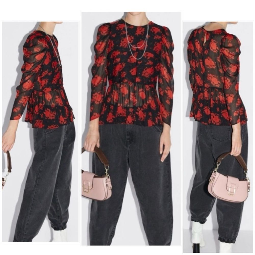 Zara Rose Floral Semi-Sheer Chiffon Puff Sleeve Peplum Blouse - Picture 4 of 12
